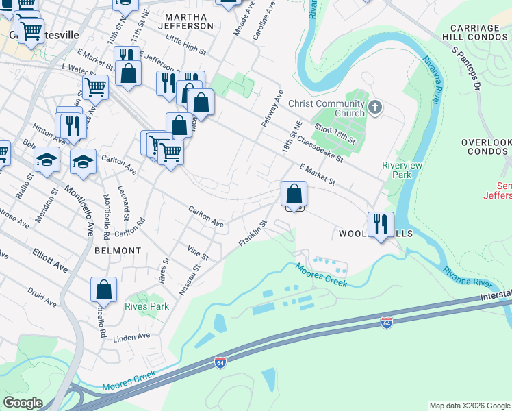 map of restaurants, bars, coffee shops, grocery stores, and more near 1337 Carlton Avenue in Charlottesville