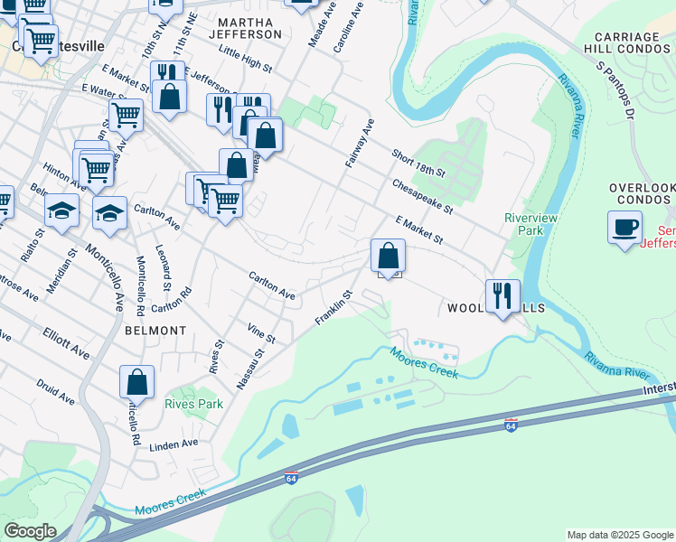 map of restaurants, bars, coffee shops, grocery stores, and more near 1337 Carlton Avenue in Charlottesville