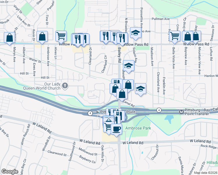 map of restaurants, bars, coffee shops, grocery stores, and more near 80 Mims Avenue in Bay Point