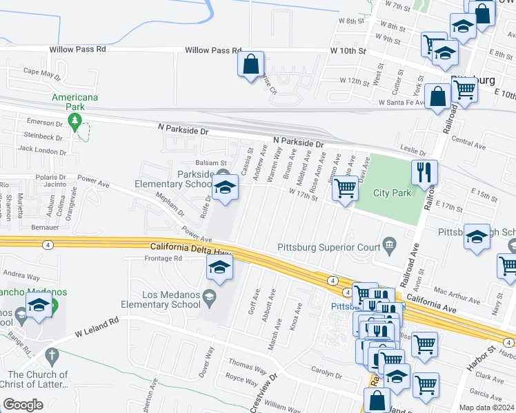 map of restaurants, bars, coffee shops, grocery stores, and more near 266 Warren Way in Pittsburg