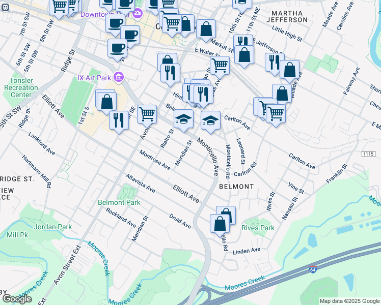 map of restaurants, bars, coffee shops, grocery stores, and more near 910 Bolling Avenue in Charlottesville