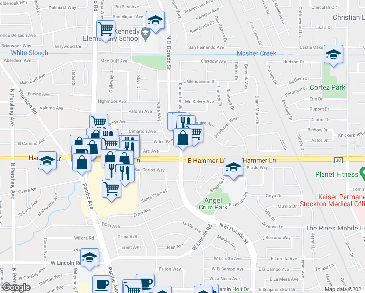 map of restaurants, bars, coffee shops, grocery stores, and more near 7932 N El Dorado St in Stockton