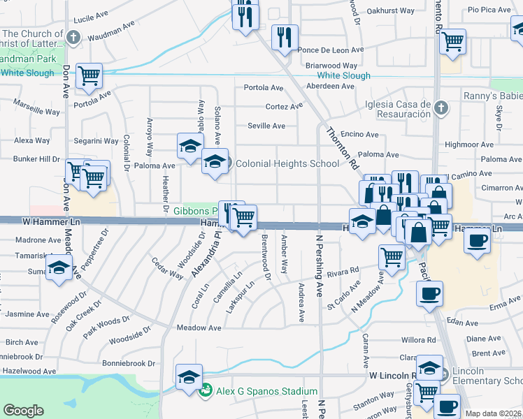 map of restaurants, bars, coffee shops, grocery stores, and more near 1636 El Camino Avenue in Stockton