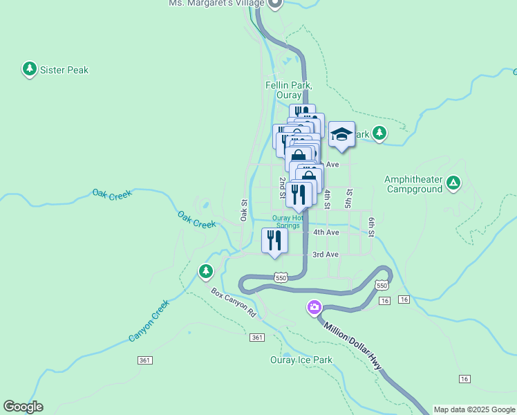map of restaurants, bars, coffee shops, grocery stores, and more near 101 Skyline Drive in Ridgway