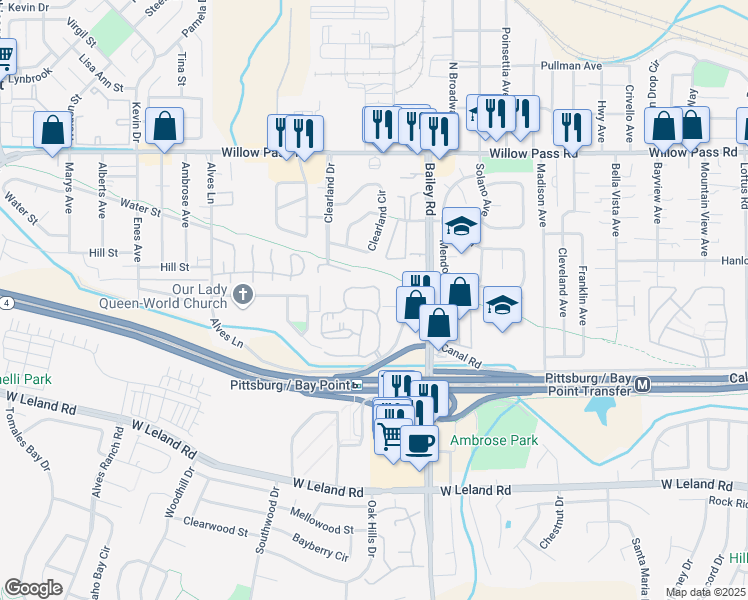 map of restaurants, bars, coffee shops, grocery stores, and more near 1053 Chadwick Circle in Bay Point