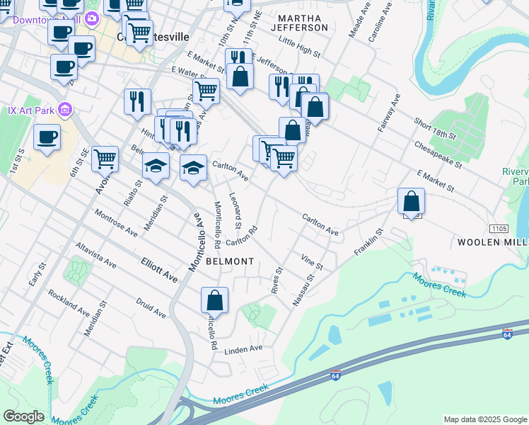 map of restaurants, bars, coffee shops, grocery stores, and more near 109 Junction Lane in Charlottesville