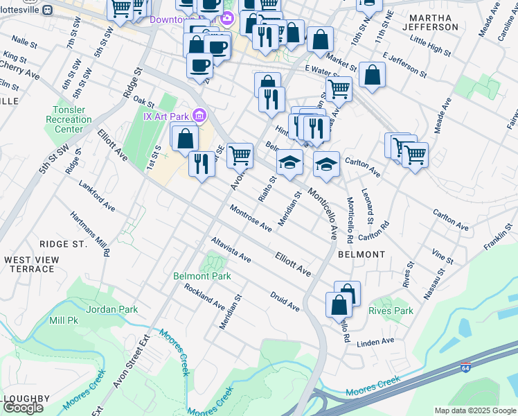 map of restaurants, bars, coffee shops, grocery stores, and more near 815-817 Blenheim Avenue in Charlottesville
