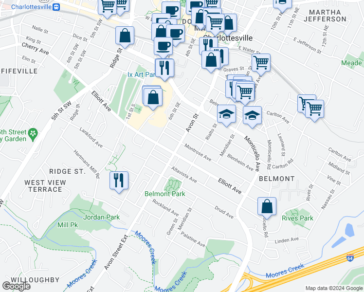 map of restaurants, bars, coffee shops, grocery stores, and more near 707 Montrose Avenue in Charlottesville