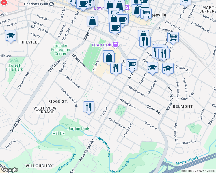 map of restaurants, bars, coffee shops, grocery stores, and more near 1017 6th Street Southeast in Charlottesville