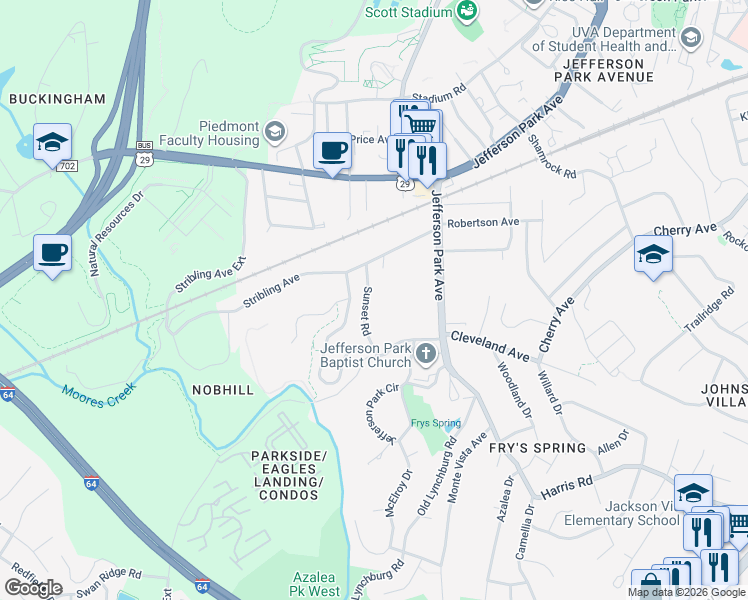 map of restaurants, bars, coffee shops, grocery stores, and more near 2412 Sunset Road in Charlottesville