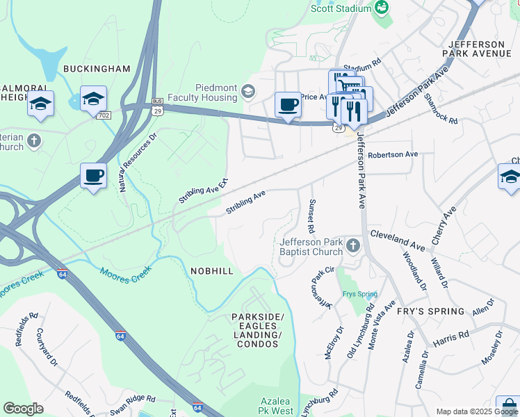 map of restaurants, bars, coffee shops, grocery stores, and more near 220 Stribling Avenue in Charlottesville