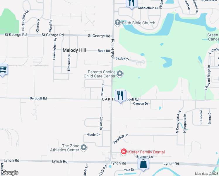 map of restaurants, bars, coffee shops, grocery stores, and more near 4851 Oak Hill Road in Evansville