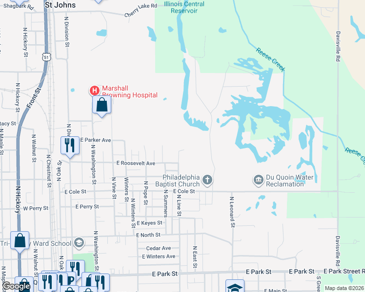 map of restaurants, bars, coffee shops, grocery stores, and more near 717 North Line Street in Du Quoin