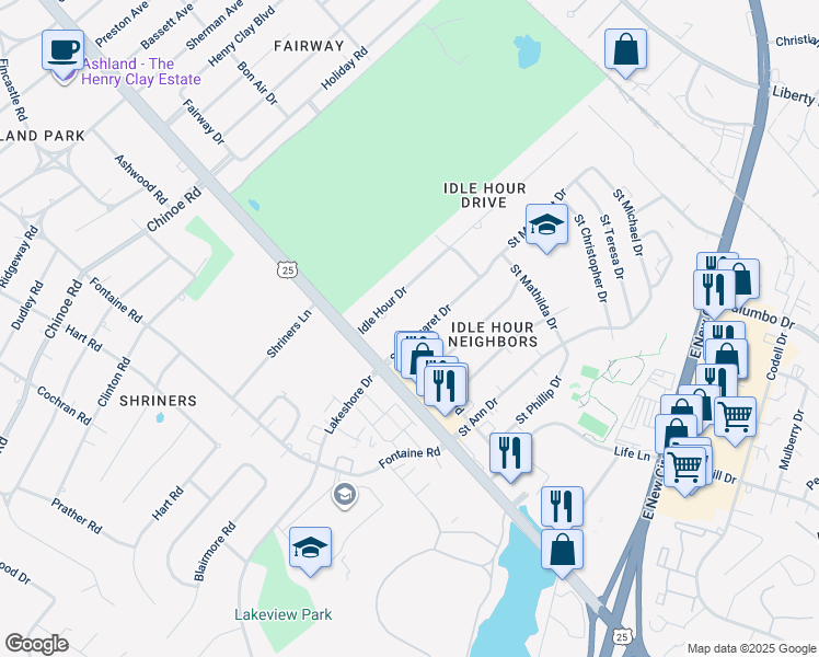 map of restaurants, bars, coffee shops, grocery stores, and more near 125 Saint Margaret Drive in Lexington