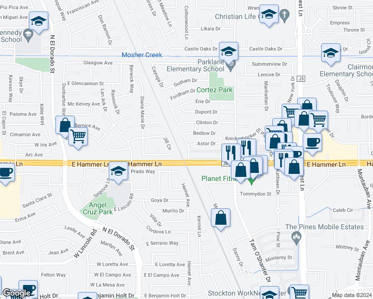 map of restaurants, bars, coffee shops, grocery stores, and more near 8005 Albany Drive in Stockton