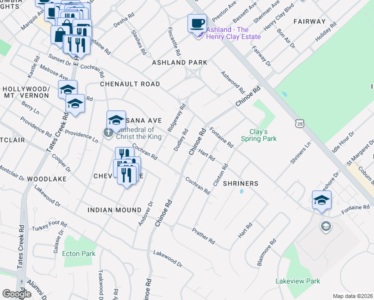 map of restaurants, bars, coffee shops, grocery stores, and more near 404 Dudley Road in Lexington