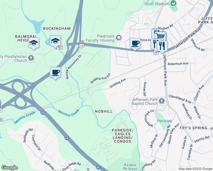 map of restaurants, bars, coffee shops, grocery stores, and more near 253 Stribling Avenue in Charlottesville