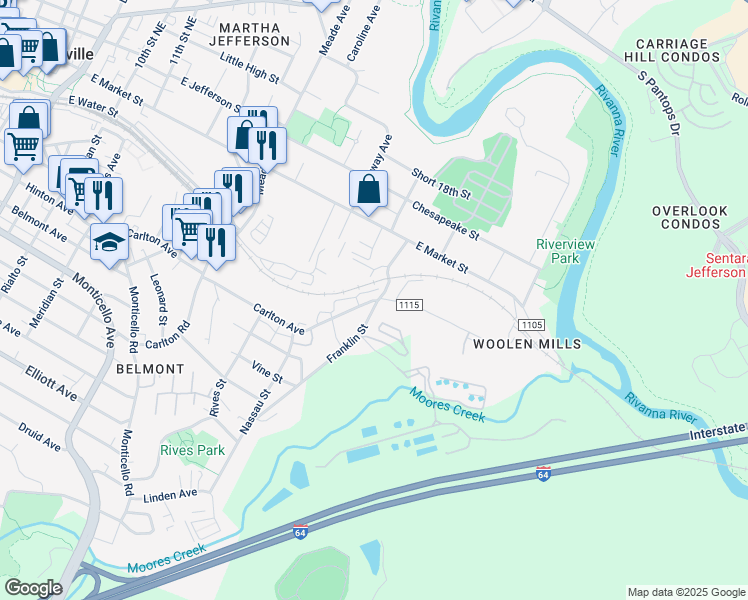 map of restaurants, bars, coffee shops, grocery stores, and more near 1355 Carlton Avenue in Charlottesville