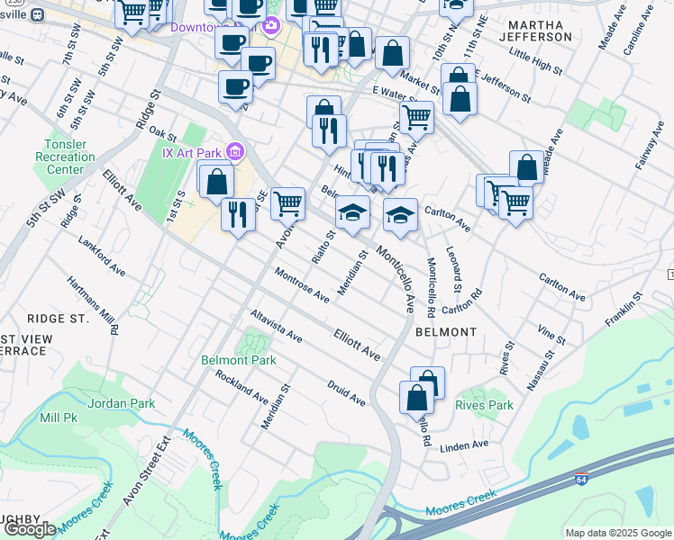 map of restaurants, bars, coffee shops, grocery stores, and more near 817 Blenheim Avenue in Charlottesville