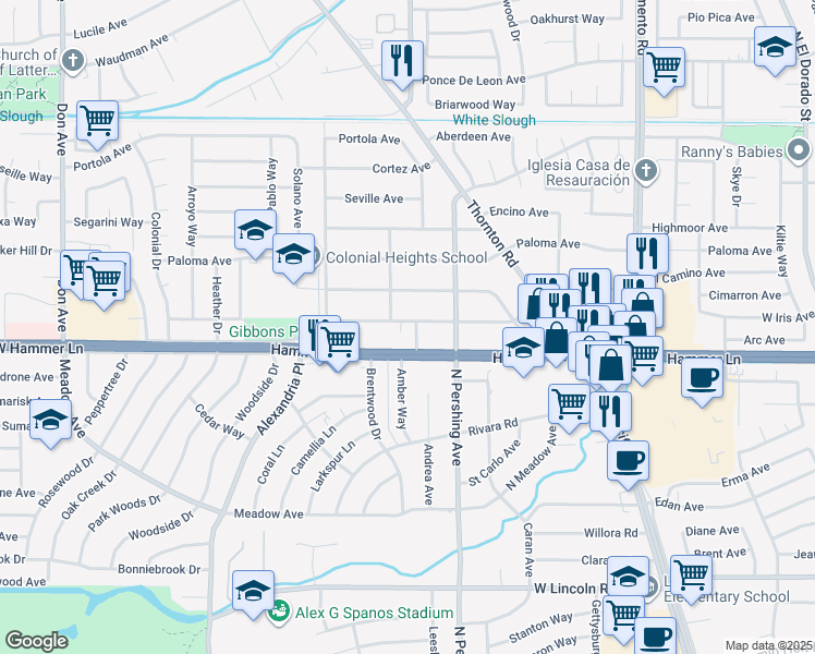 map of restaurants, bars, coffee shops, grocery stores, and more near 7919 Misty Lane in Stockton