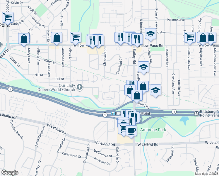 map of restaurants, bars, coffee shops, grocery stores, and more near 1163 Chadwick Circle in Bay Point