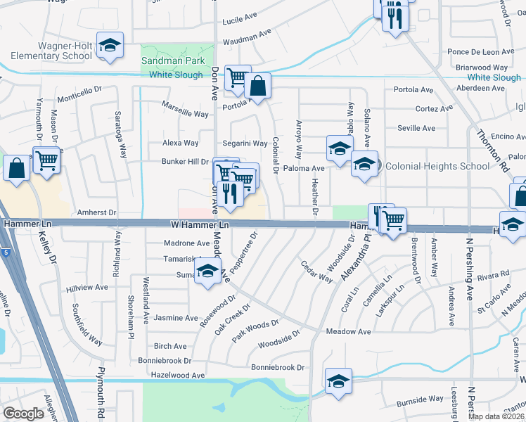 map of restaurants, bars, coffee shops, grocery stores, and more near 7919 Arguello Drive in Stockton