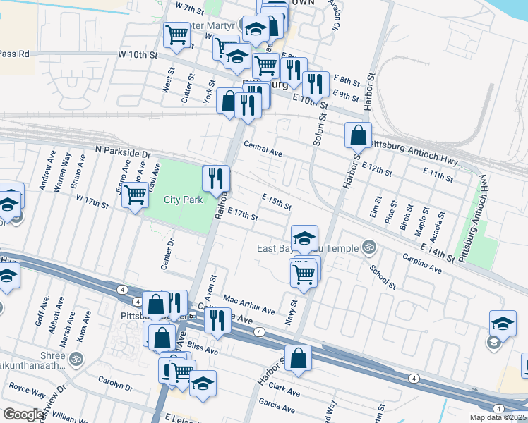 map of restaurants, bars, coffee shops, grocery stores, and more near 212 East 16th Street in Pittsburg