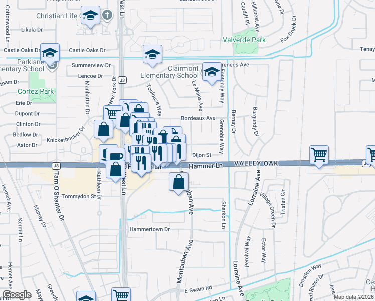 map of restaurants, bars, coffee shops, grocery stores, and more near 7936 Montauban Avenue in Stockton
