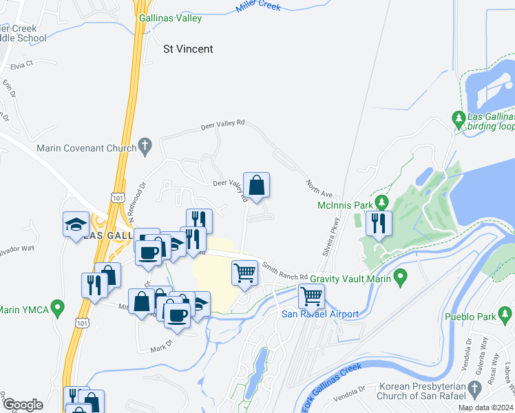 map of restaurants, bars, coffee shops, grocery stores, and more near 2500 Deer Valley Road in San Rafael