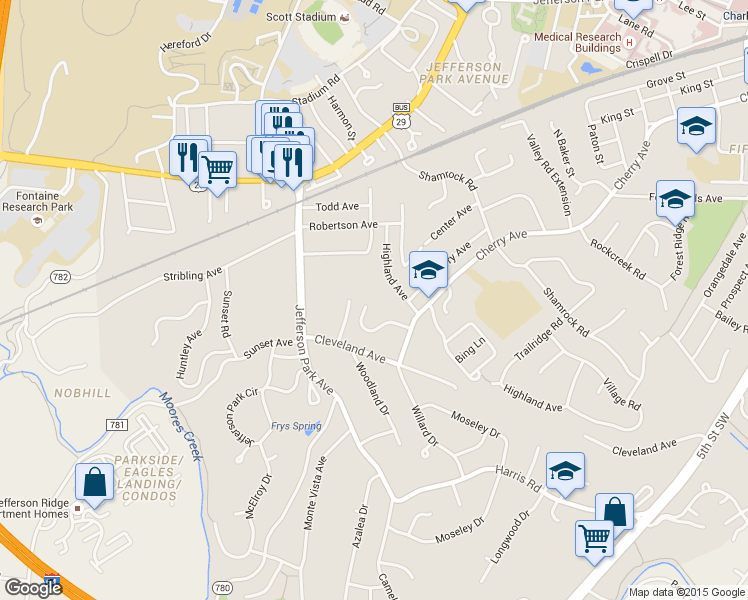map of restaurants, bars, coffee shops, grocery stores, and more near 2326 Crestmont Avenue in Charlottesville