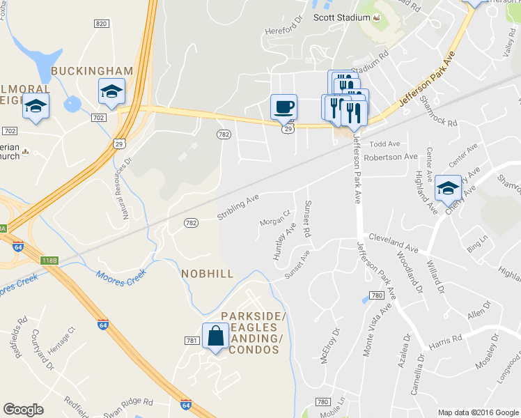 map of restaurants, bars, coffee shops, grocery stores, and more near 220 Stribling Avenue in Charlottesville