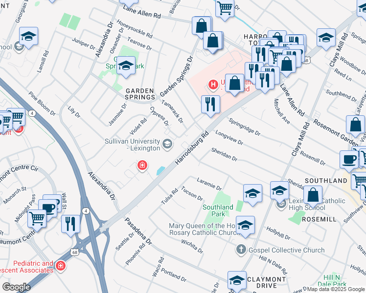 map of restaurants, bars, coffee shops, grocery stores, and more near 2339 Harrodsburg Road in Lexington