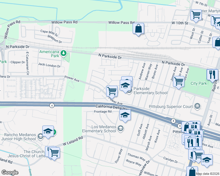 map of restaurants, bars, coffee shops, grocery stores, and more near 1024 Burnham Drive in Pittsburg