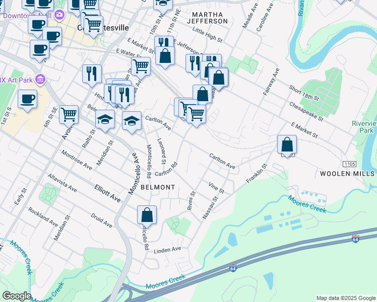 map of restaurants, bars, coffee shops, grocery stores, and more near 109 Junction Lane in Charlottesville