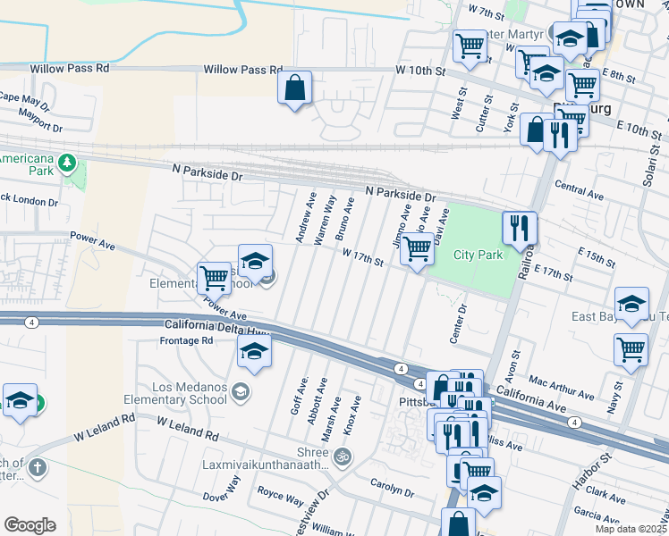 map of restaurants, bars, coffee shops, grocery stores, and more near 237 Bruno Avenue in Pittsburg