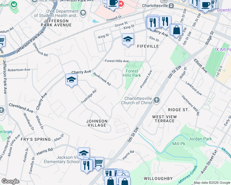 map of restaurants, bars, coffee shops, grocery stores, and more near 716 Rockcreek Rd in Charlottesville