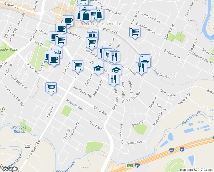 map of restaurants, bars, coffee shops, grocery stores, and more near 911 Bolling Avenue in Charlottesville