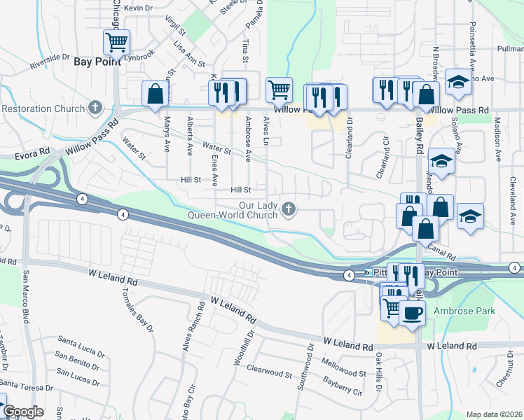 map of restaurants, bars, coffee shops, grocery stores, and more near 238 Alves Lane in Bay Point
