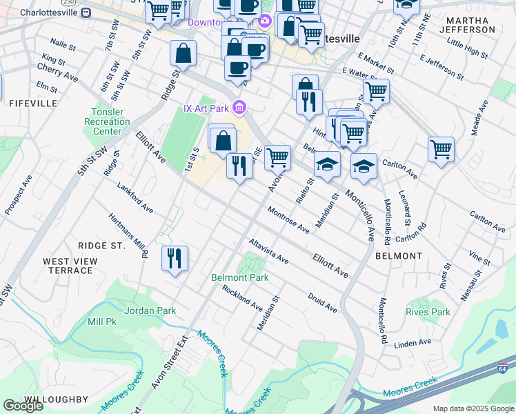 map of restaurants, bars, coffee shops, grocery stores, and more near 1001 Avon Street in Charlottesville