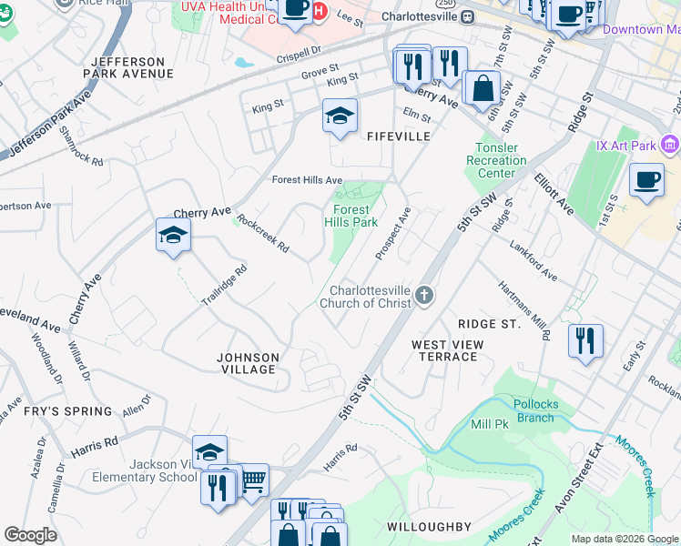 map of restaurants, bars, coffee shops, grocery stores, and more near 771 Orangedale Avenue in Charlottesville
