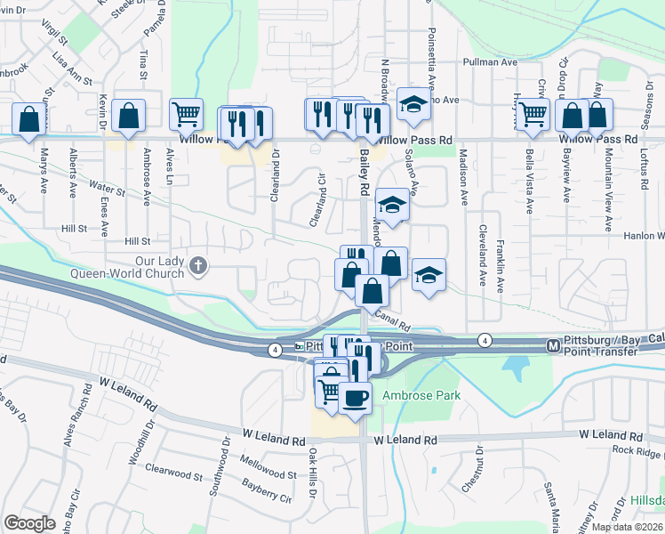 map of restaurants, bars, coffee shops, grocery stores, and more near 80 Mims Avenue in Bay Point