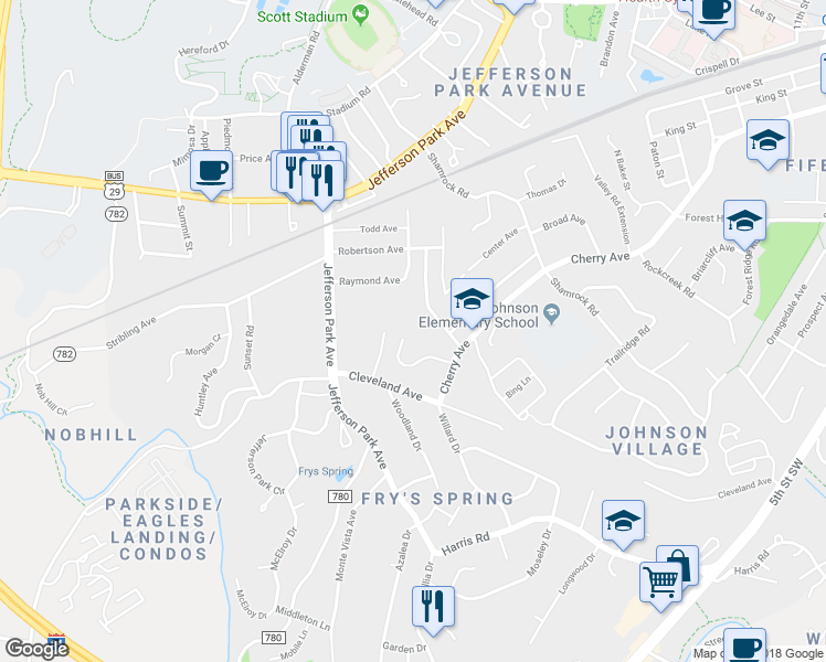map of restaurants, bars, coffee shops, grocery stores, and more near 2326 Crestmont Avenue in Charlottesville