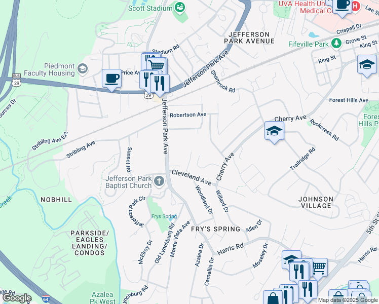 map of restaurants, bars, coffee shops, grocery stores, and more near 119 Hammond Street in Charlottesville