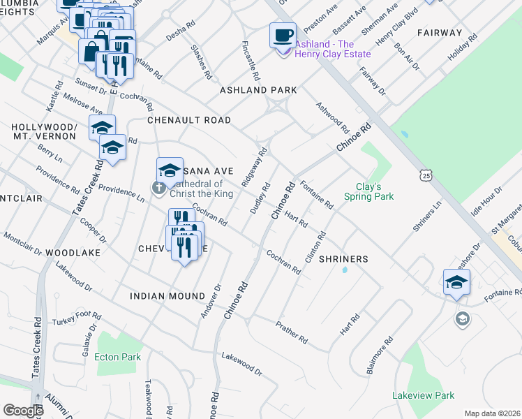 map of restaurants, bars, coffee shops, grocery stores, and more near 404 Dudley Road in Lexington