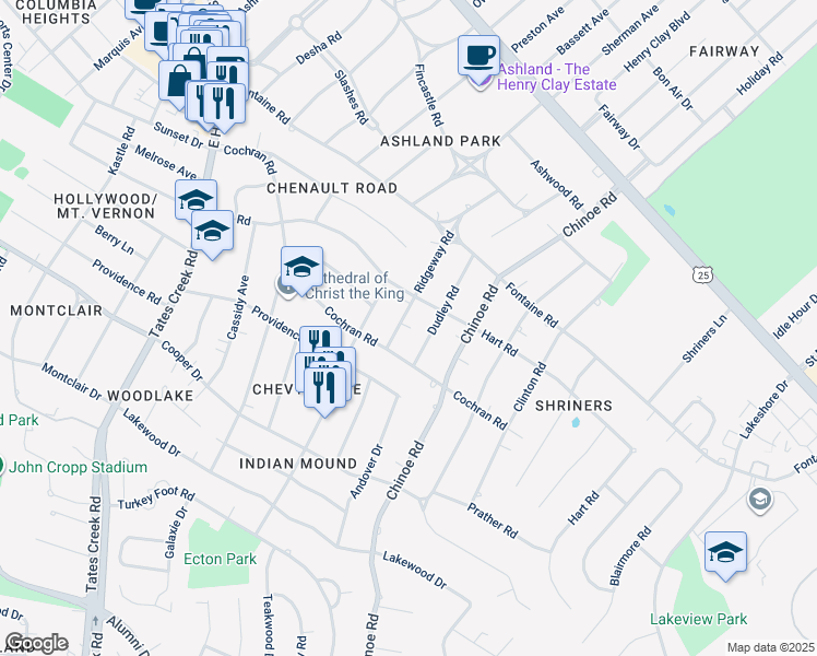 map of restaurants, bars, coffee shops, grocery stores, and more near 424 Ridgeway Road in Lexington