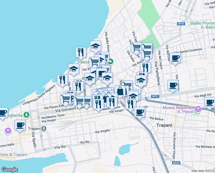 map of restaurants, bars, coffee shops, grocery stores, and more near 51 Via Messina in Trapani