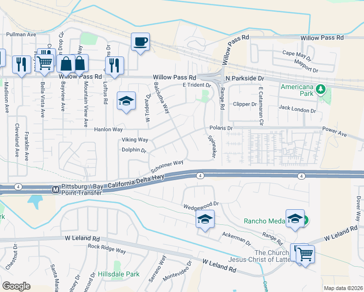map of restaurants, bars, coffee shops, grocery stores, and more near 389 Schooner Way in Pittsburg