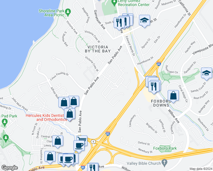 map of restaurants, bars, coffee shops, grocery stores, and more near 1024 Crepe Myrtle Drive in Hercules