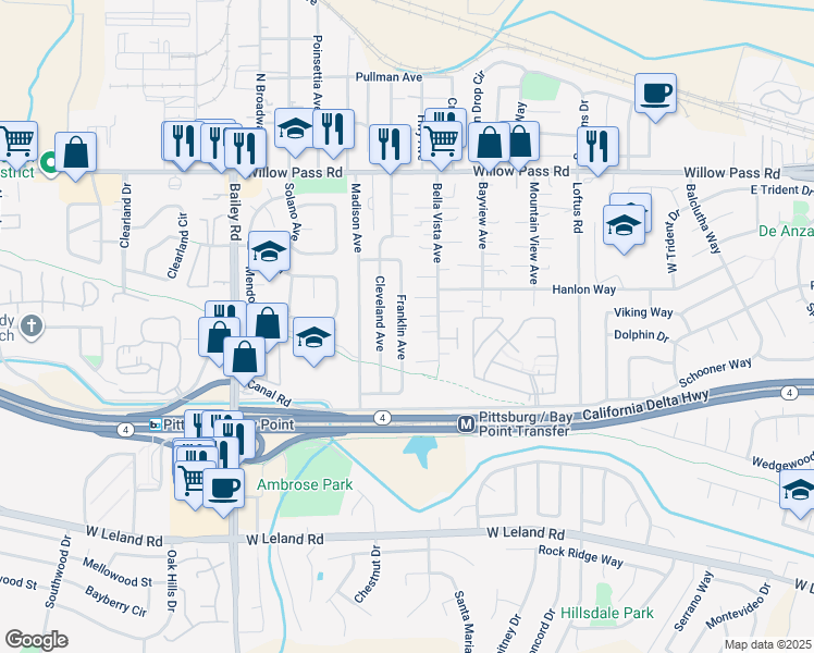 map of restaurants, bars, coffee shops, grocery stores, and more near 265 Franklin Avenue in Bay Point