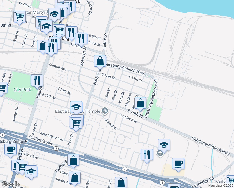 map of restaurants, bars, coffee shops, grocery stores, and more near 1335 Pine Street in Pittsburg
